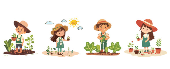 Set cute little girl and boy farmer taking care of plants