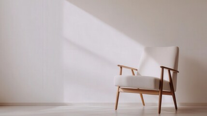 A minimalist armchair sits in a softly lit room, casting gentle shadows on the wall, embodying simplicity and comfort in modern decor.