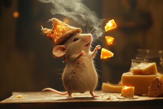A whimsical image of a mouse wearing a wizard hat, using magical powers to levitate pieces of cheese in a charming kitchen atmosphere filled with wonder and fantasy.