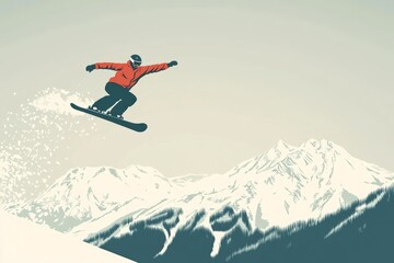 professional rider doing snowboarding trick jump in mid air with stylistic motion lines on snowboard, minimal background with copy space