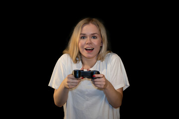 Happy Young Woman Playing Video Game with Joyful Expression