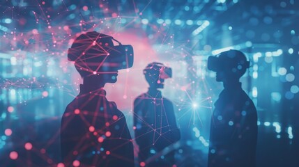 Obraz premium Silhouettes of business people wearing vr headsets are immersed in a futuristic metaverse, experiencing innovative technology and virtual connectivity