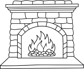 Monochrome stone fireplace with texture wood and fire vector illustration