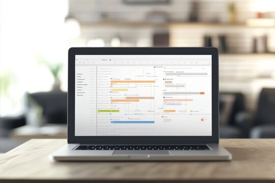 laptop screen displaying an intricate marketing strategy flow, with blurred office decor in the background, minimal background with copy space 