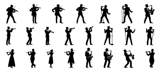 Silhouettes set of musicians playing various musical instruments vector collection