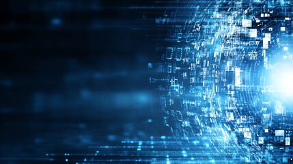 Obraz premium Abstract digital blue matrix with glowing data spheres and binary code. A futuristic theme for technology, network, or innovation concept.