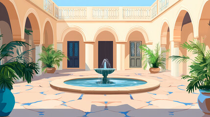 Courtyard house with a central fountain, surrounded by arched doorways. Arabic Courtyard Fountain. Illustration