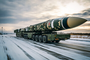Military missile transport vehicle on icy road during overcast winter day in remote area, showcasing heavy-duty equipment and strategic deployment