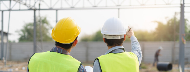 Builder engineer and supervisor consultant inspection job plan  concept, Asian contractor and foreman looking blueprint in computer laptop and checking process plan of factory warehouse construction