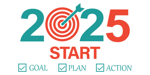 2025 goal plan icon, 2025 new year plan, target, goal, annual plan icon vector in colorful flat trendy style illustration isolated on white background.