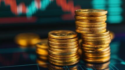 A stack of gold coins in focus with a blurred graph background, suggesting themes of finance and investment.