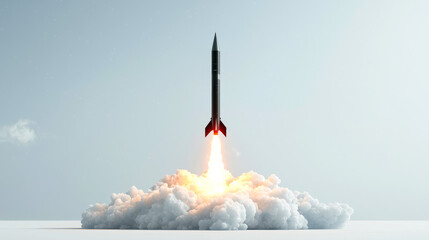 A rocket launches against a clear sky with billowing clouds of smoke rising from the ground, showcasing the power of space exploration technology