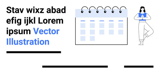 Calm woman in yoga pose beside calendar page with blue accents, accompanied by text blocks and lines. Ideal for scheduling apps, wellness websites, productivity blogs, business planning, time