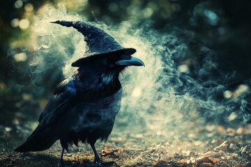 Fototapeta premium A raven displays its mystical side while donning a sorcerer's hat, surrounded by wisps of smoke, evoking themes of magic, mystery, and dark enchantment.