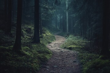 Naklejka premium In a tranquil, darkened forest, a shadowy path promises an enigmatic journey, wrapped in the mystique of nature, echoing peace, solitude, and introspection.