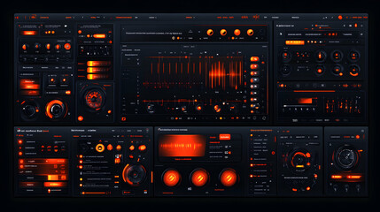 Obraz premium Futuristic digital interface with multiple panels and glowing red elements.