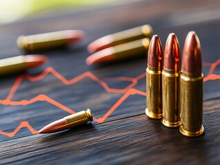 A bunch of bullets sitting on top of a wooden table