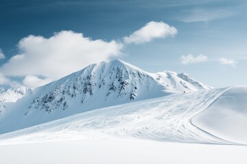 winter snowy mountains divided by ski tracks resort on one side and snowboard trails on the other, minimal background with copy space
