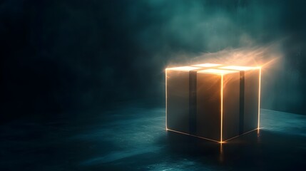 Mysterious Glowing Parcel Box in a Dark Room Symbolizing the Excitement and Mystery of Receiving a Package
