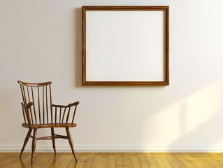 A wooden chair sitting in front of a white wall with a picture frame