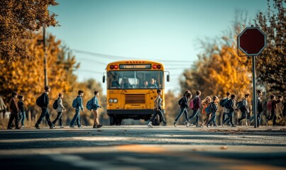 Obraz premium Busy yellow school bus. Stop sign. Schoolchildren crossing the road, exercise caution. Semester of the new academic year. Greetings and welcome back to school
