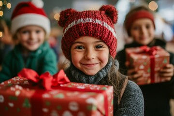 volunteers distributing Christmas gifts to children at a community center, with smiles and festive decorations