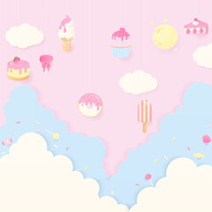  Sweet bakery with pastel clouds background