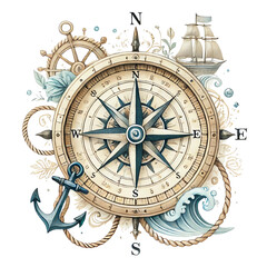 Vintage nautical compass with intricate maritime elements, including anchor, rope, ship wheel, and waves, representing exploration and adventure.
