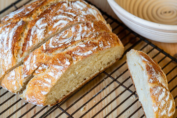Overhead View of Homemade Baked Bread Boule Cut Into Slices