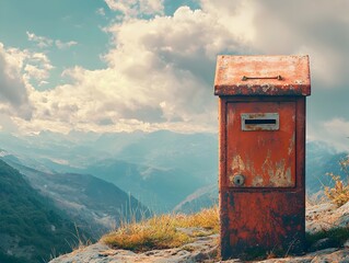 Weathered Parcel Box Atop Remote Mountain Peak Symbolizing Delivery Service Endurance