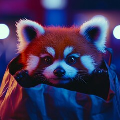 Obraz premium A red panda in a blue bag with a red and white face