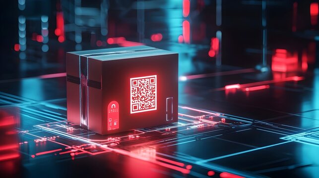 Futuristic Parcel Box with QR Code and Augmented Reality Holograms Symbolizing Smart Delivery Systems - Powered by Adobe