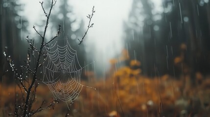 Detailed shot of raindrops on a spider web, blurred forest background, delicate textures