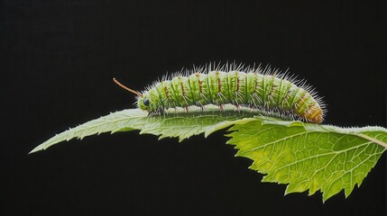 Fototapeta premium Detailed shot of a caterpillar on a leaf, tiny hairs, bright green, natural textures