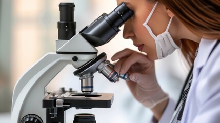 A woman wearing a white lab coat and a mask is looking through a microscope