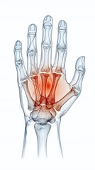 Naklejka premium Hand with Broken Bones in Transparent OverlayX-ray-like graphic of a hand displaying fractured bones, with areas of redness marking injury and internal structural damage.