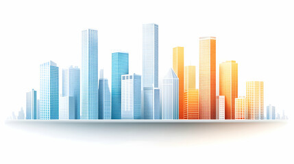 Fototapeta premium Stylized cityscape with blue and orange skyscrapers on a white background.