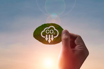 Hand holding green leaf with carbon reduction icon on blue sky background for decrease CO2 , carbon...