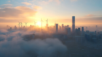 Fototapeta premium Futuristic Urban Skyline with Renewable Energy Icons Representing Clean Energy Policy
