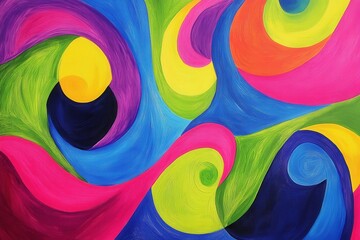An abstract painting featuring swirls of bright neon colors, including electric blue, hot pink, and lime green