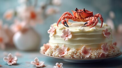 intricately decorated cake with a vibrant red crab perched on top set against a light pastel backdrop celebrating a whimsical and festive occasion
