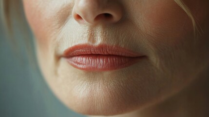 Fototapeta premium A woman's lips are captured in a close-up, revealing natural aging with delicate lines and a soft, warm hue under gentle sunlight, highlighting beauty in imperfection.