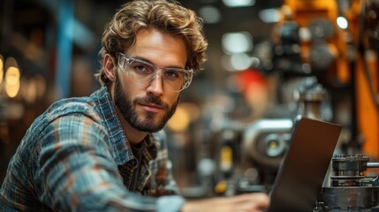 Obraz premium A young man in safety glasses looks intently at a laptop in a factory setting.