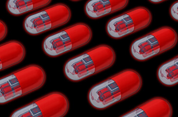 Conceptual image of capsules surrounding a time bomb symbolizing the risks and dangers associated. Ideal for themes on addiction, health crises, and pharmaceutical caution. 3d rendering