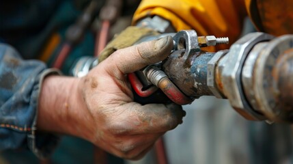 A closeup shot of a workers hands as they tightly secure a pipe joint with a wrench ensuring a strong and durable connection.