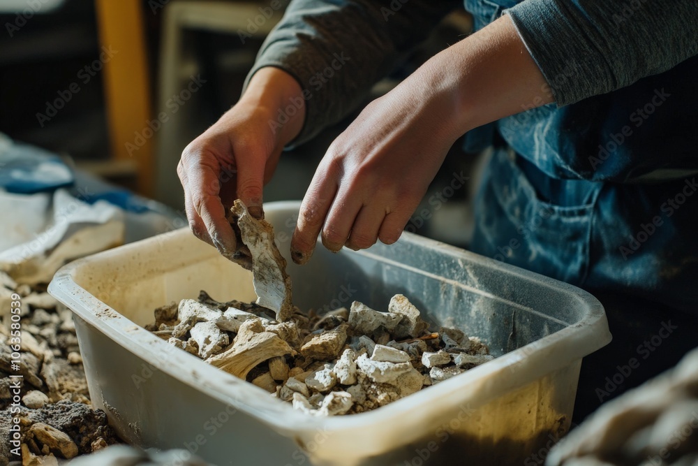 Aufkleber A person engages in archaeology by sorting through stone fragments in a plastic container, focusing on delicate handling of potentially valuable artifacts.