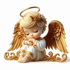 A figurine of a sitting sleeping angel boy with golden wings and a halo. 