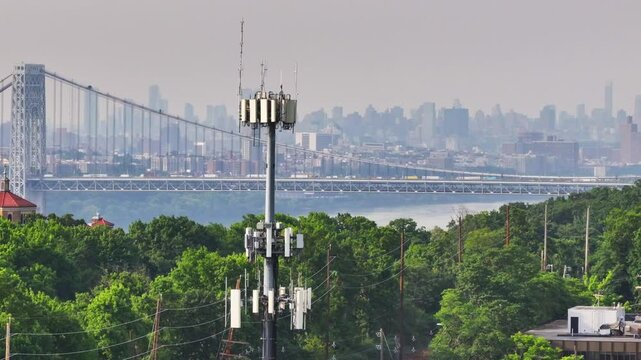 5G Cell Tower with NYC Skyline behind in 4K