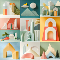A collage of nine minimalist abstract geometric shapes representing landscapes with a soft, muted color palette.