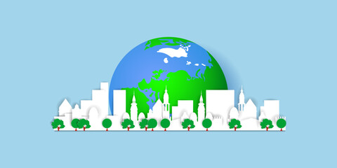 Naklejka premium 3D Planet Earth and cityscape in paper cut out style. Vector illustration for World Earth Day